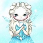 Snowspell has a pale fairy with light golden hair wearing a light blue gown with snow falling around her