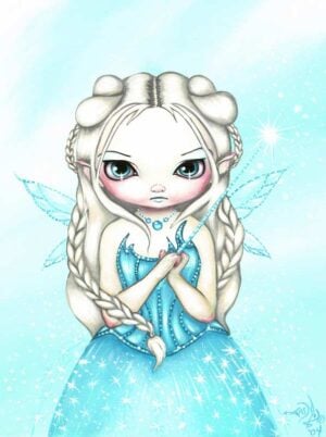 Snowspell has a pale fairy with light golden hair wearing a light blue gown with snow falling around her