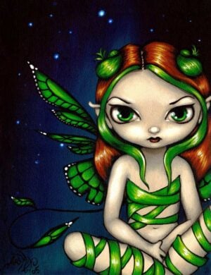 green ribbon fairy has a big-eyed fairy sitting with green butterfly wings wrapped in green ribbons