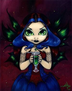 Eyes of Absinthe has a gothic dark fairy with blue in her hair, wearing a blue gothic gown and green wings