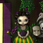 ghosts of mardis gras has a big-eyed maiden wearing green, purple and yellow masquerade dress holding a purple masquerade mask in a New Orleans setting