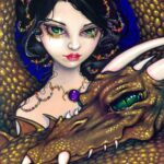 golden guardian has a beautiful maiden with green eyes, black hair with jewels in it and a large golden dragon surrounding her