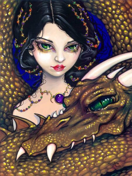 golden guardian has a beautiful maiden with green eyes, black hair with jewels in it and a large golden dragon surrounding her