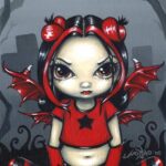 gothling 10 has a big-eyed gothic fairy with red bat-like wings wearing a red shirt with a black star on it