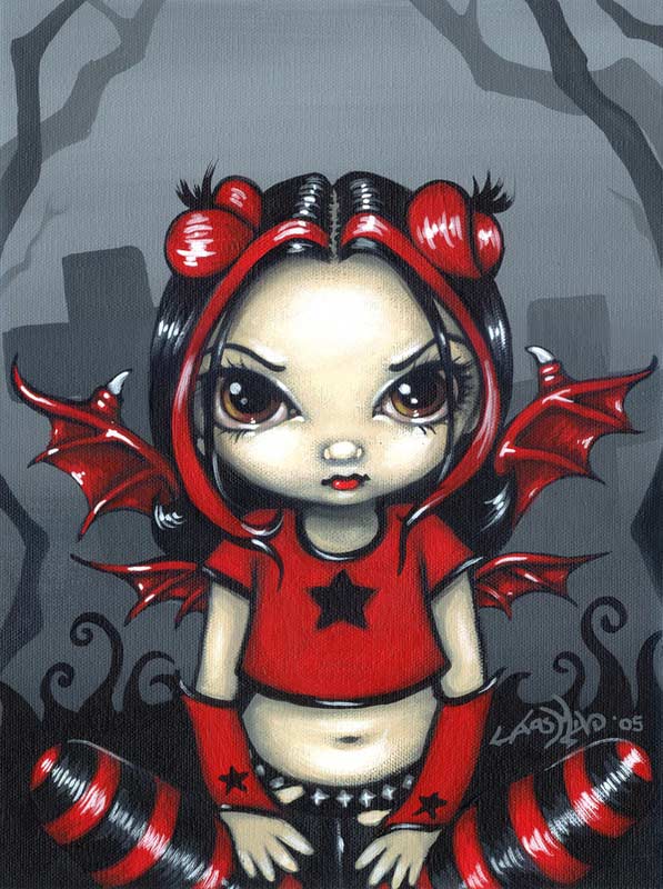 gothling 10 has a big-eyed gothic fairy with red bat-like wings wearing a red shirt with a black star on it