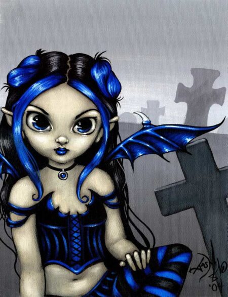 gothling 1 has a big-eyed goth fairy with blue streaks in her black hair wearing deep blue and black clothing and deep blue bat-like wings