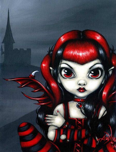 gothling 2 has a big-eyed fairy with dark red hair and red bat-like wings