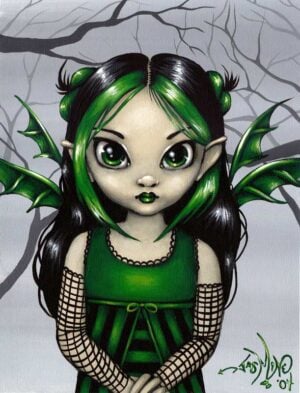 gothling 3 has a big-eyed fairy with green bat-like wiings wearing a green and black dress with green streaks in her black hair