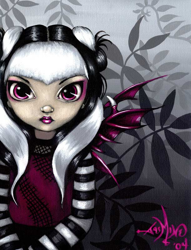 gothling 4 has a big-eyed fairy with white hair with black streaks in her hair and purple bat-like wings