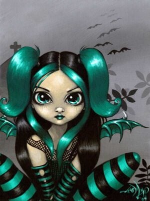 gothling 5 has a big-eyed fairy with green and black clothing and green streaks in her hair