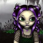 gothling 6 has a big-eyed fairy with purple streaks in her black hair wearing black net shirt and tiny green bat-like wings