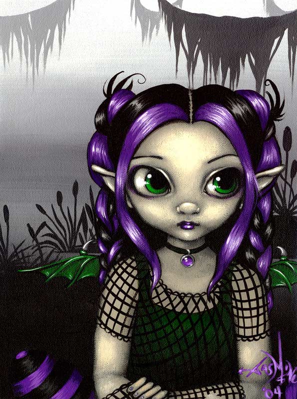 gothling 6 has a big-eyed fairy with purple streaks in her black hair wearing black net shirt and tiny green bat-like wings