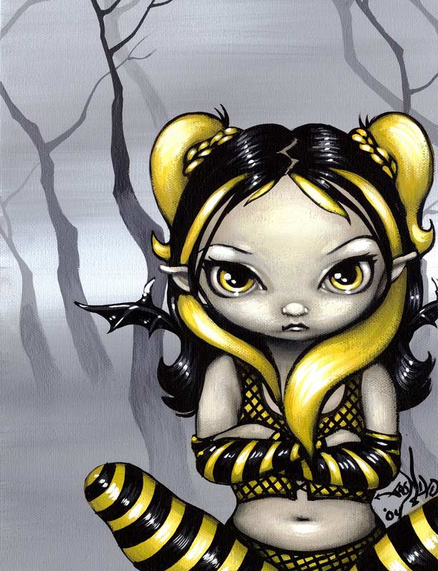 gothling 8 has a big-eyed fairy with yellow and black bumblebee clothing and black bat-like wings