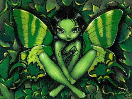 green butterfly fantasy has a big-eyed fairy with all green skin and green wings sitting in a leafy green bush