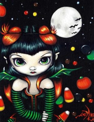 halloween treats has a big-eyed fairy with little green wings halloween candy corns floating behind her with a full moon in the sky