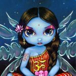Hindu Fairy has a blue skinned fairy with a lotus flower on her hair, transparent wings and the OM symbol on her dress