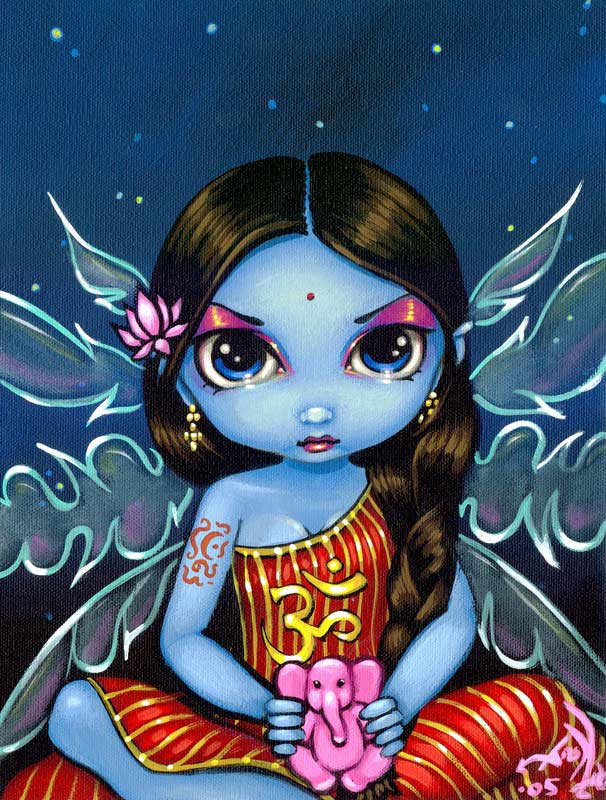 Hindu Fairy has a blue skinned fairy with a lotus flower on her hair, transparent wings and the OM symbol on her dress