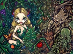 hobgoblin of autumn has a forest fairy with long blonde hair sitting surrounded by leafy green forest and ugly goblin faces next to her