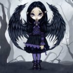 Purple paper hearts has a gothic fairy with black crow-like wings and purple and black dress