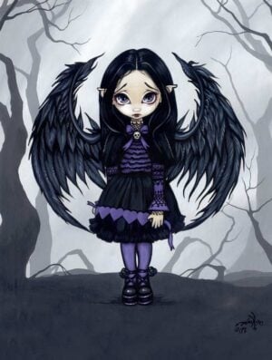 Purple paper hearts has a gothic fairy with black crow-like wings and purple and black dress
