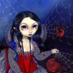 Queen arachne has a gothic looking queen in a gown holding a giant spider web with red spiders in them