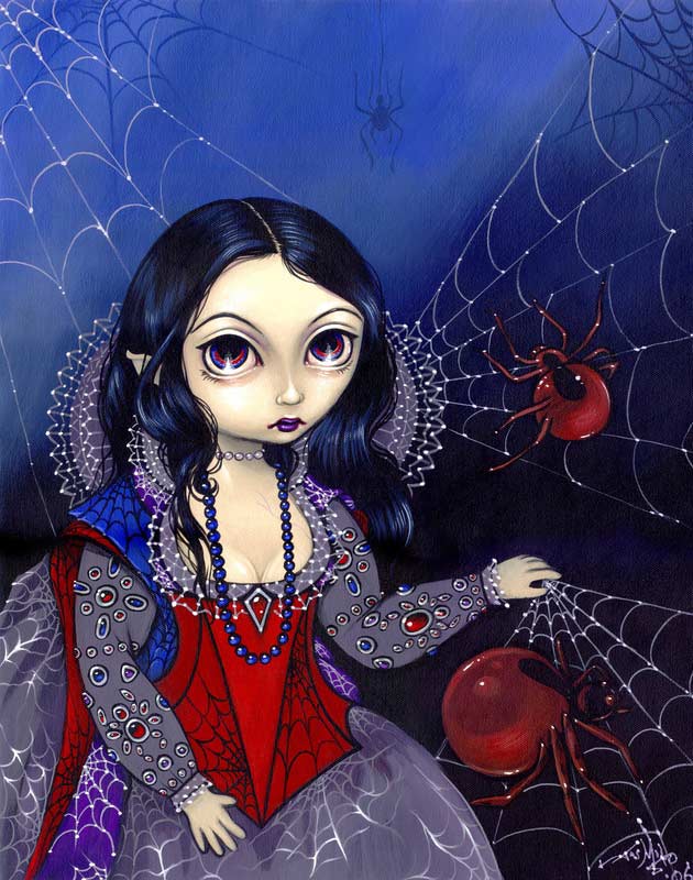 Queen arachne has a gothic looking queen in a gown holding a giant spider web with red spiders in them