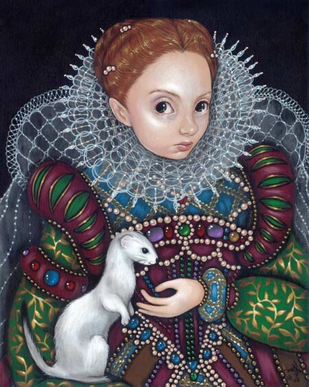 Queen Elizabeth and an Ermine has a portrait of the queen with a large white collar holding a white ermine