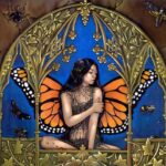 Queen of Insects has a long black haired fairy with butterfly wings sitting in a golden archway with insects around the frame