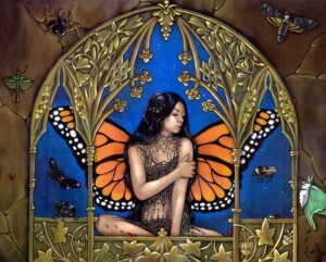 Queen of Insects has a long black haired fairy with butterfly wings sitting in a golden archway with insects around the frame