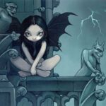 Storm over notre dame has a dark gothic fairy with bat wings sitting on a stone wall with gargoyles nearby