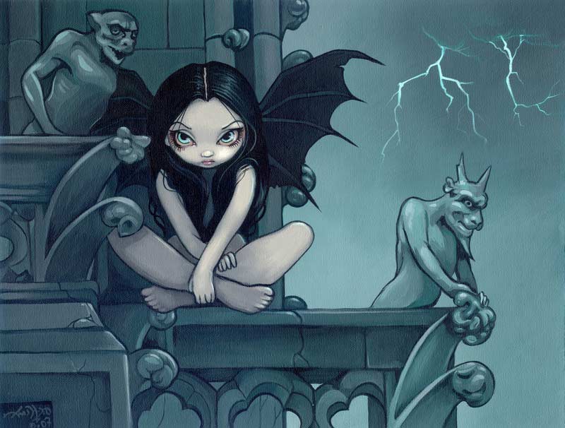 Storm over notre dame has a dark gothic fairy with bat wings sitting on a stone wall with gargoyles nearby
