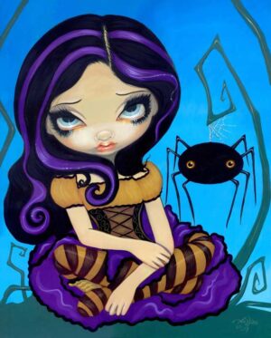 Little Miss Muffet has a big-eyed maiden with purple streaks in her hair wearing a purple gown and a black oval shaped spider next to her