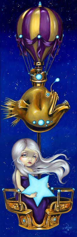 Night Chariot has a white haired maiden sitting in a hot air balloon basket with a purple striped and steampunk golden fish balloon