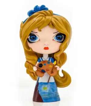 Alice in Van Gogh Starry night vinyl doll of Alice holding a painter's palette with Starry Night dress