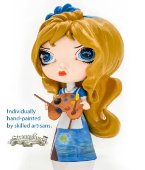 Alice in Van Gogh Starry night vinyl doll of Alice holding a painter's palette with Starry Night dress