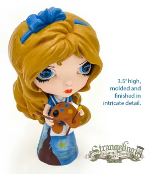 Alice in Van Gogh Starry night vinyl doll of Alice holding a painter's palette with Starry Night dress