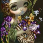 nautilus bouquet has a big eyed girl holding a nautilus shell filled with purple, yellow and white flowers