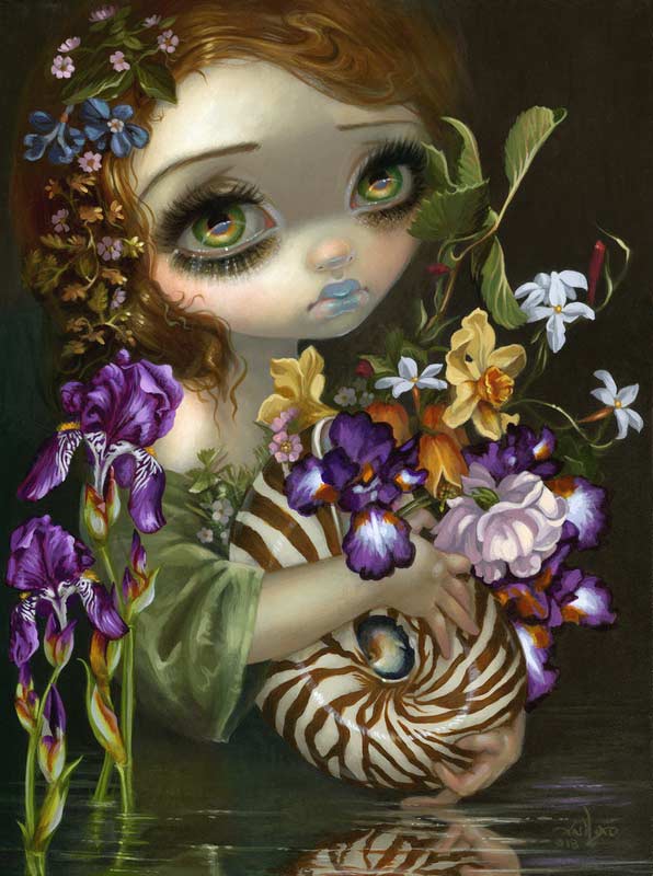 nautilus bouquet has a big eyed girl holding a nautilus shell filled with purple, yellow and white flowers