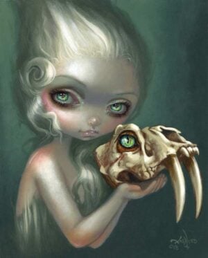 Resurrected saber-toothed cat has a big eyed girl with white hair holding a skull of a saber-toothed cat