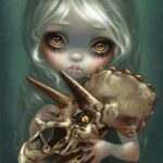 Resurrected triceratops has a big eyed girl with white hair holding a skull of a triceratops