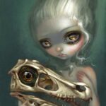 Resurrected Velociraptor has a big eyed girl with white hair holding a skull of a velociraptor