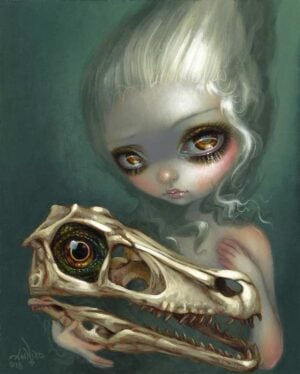Resurrected Velociraptor has a big eyed girl with white hair holding a skull of a velociraptor