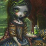 Absinthe reflections has a big eyed girl with green in her eyes and hair holding a glass of green liquid in a green hazy fog