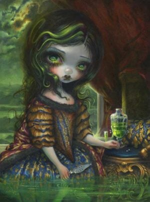 Absinthe reflections has a big eyed girl with green in her eyes and hair holding a glass of green liquid in a green hazy fog