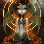 the devil has a big eyed fairy type girl with bat-like wings and chains wrapped around her hips with a fiery rings behind her