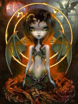 the devil has a big eyed fairy type girl with bat-like wings and chains wrapped around her hips with a fiery rings behind her
