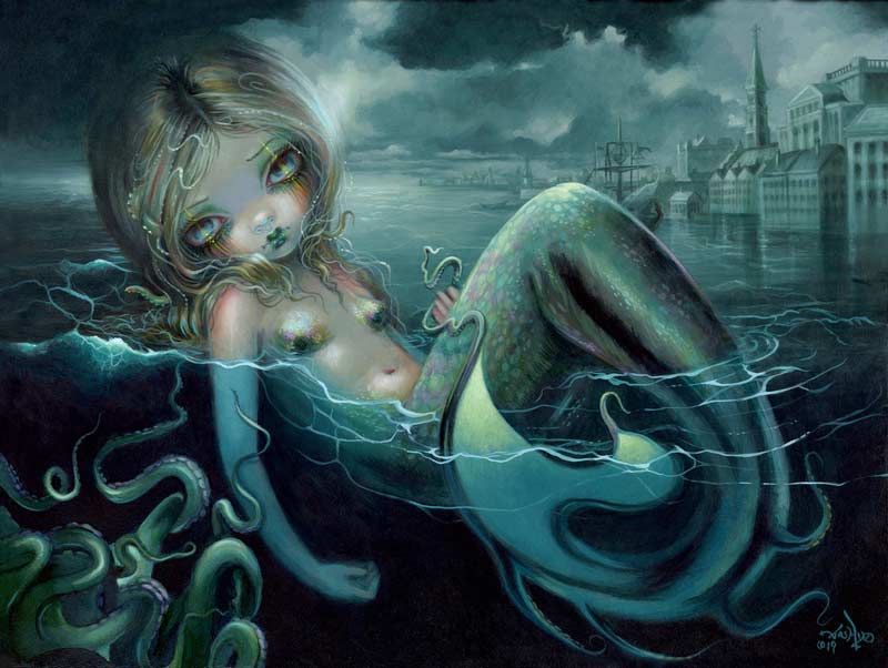 innsmouth mermaid has a big eyed mermaid floating on top of an very dark ocean with an octopus lurking underneath her and city off in distance
