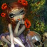 La Belle Dame sans Merci has a big eyed girl with red hair and big red poppies in her hair sitting amongst green bushes with a silver medieval helmet next to her