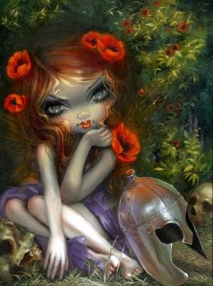 La Belle Dame sans Merci has a big eyed girl with red hair and big red poppies in her hair sitting amongst green bushes with a silver medieval helmet next to her