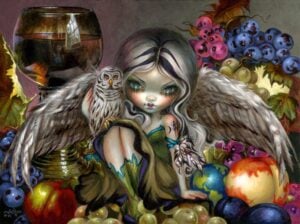 Silent Wisdom has a fairy with feathery wings holding a white owl while sitting amongst fruit and a glass of wine